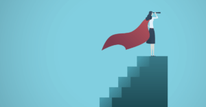 Illustration of superhero surveying the landscape