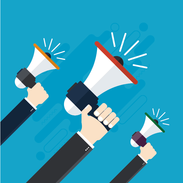 Illustration of megaphones reaching to the sky