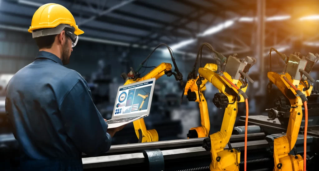 Smart industry robot arms for digital factory production technology showing automation manufacturing process of the Industry 4.0 or 4th industrial revolution and IOT software to control operation .