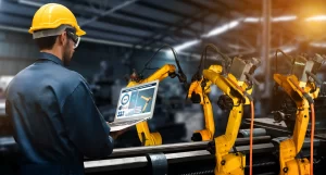 Smart industry robot arms for digital factory production technology showing automation manufacturing process of the Industry 4.0 or 4th industrial revolution and IOT software to control operation.